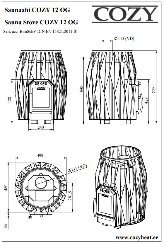 Cozy 12 OG |  Saunaofen Holz Komplettset mit Zulassung BimSchV Stufe 2 - inkl. Schornsteinset nach Wahl & 100 kg original wellmia® Saunasteine 5-10 cm | 11,5 kW