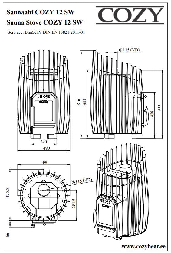 Cozy 12 SW | Saunaofen Holz Komplettset mit BimSchV Stufe 2 - inkl. Schornsteinset nach Wahl & 100 kg Saunasteine | 11,5 kW