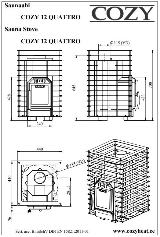 Cozy 12 Quattro | Saunaofen Holz Komplettset mit BimSchV Stufe 2 - inkl. Schornsteinset nach Wahl & Saunasteine | 11,5 kW