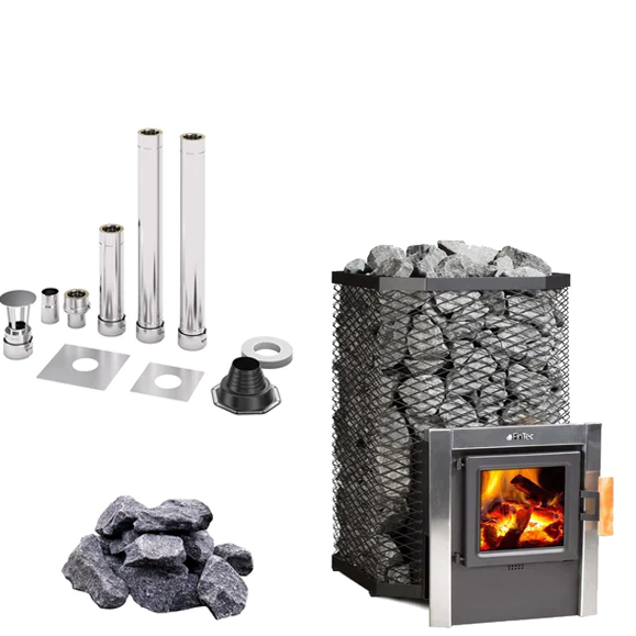 FinTec ARTHUR MH  | Saunaholzofen Komplettset mit BimSchV Stufe 2 inkl. FinTec Schornsteinset nach Wahl und 180 kg Saunasteine | 11,8 kW