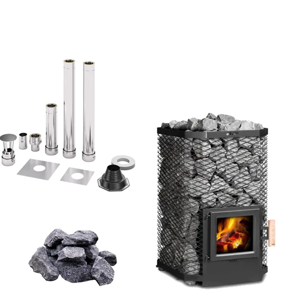 FinTec ARTHUR | Saunaholzofen Komplettset mit BimSchV Stufe 2 inkl. FinTec Schornsteinset nach Wahl und 180 kg Saunasteine | 11,8 kW