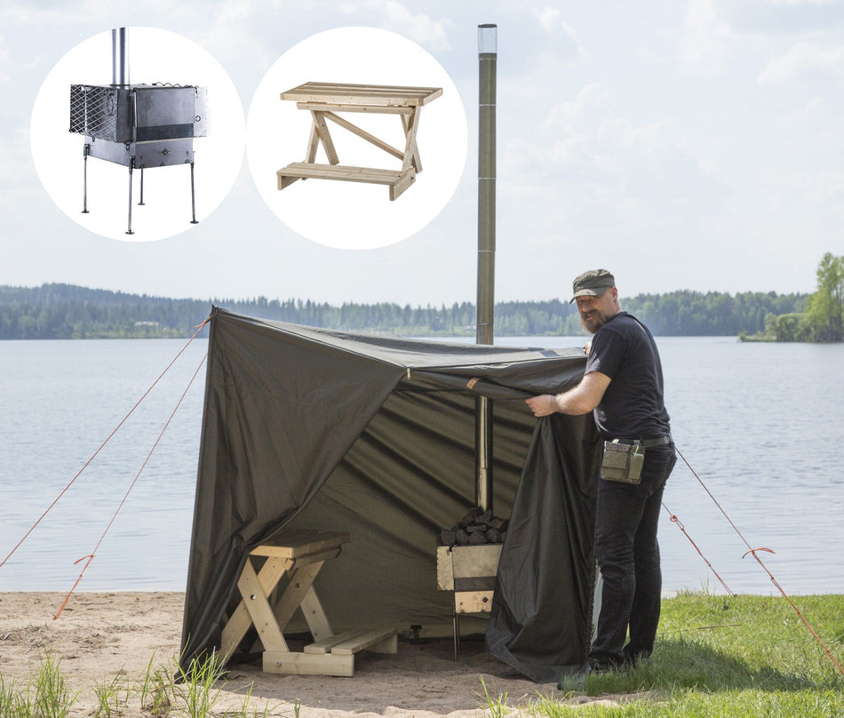 Savotta Hiisi 2 Zeltsauna Komplettset | Saunazelt mit Holzofenset Steinnetz und Saunabank sowie Harvia Saunasteinen 20 kg |  170 x 150 x 140/160 cm (B x T x H)