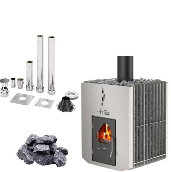 FinTec Thor  | Saunaholzofen Komplettset mit BimSchV Stufe 2 inkl. FinTec Schornsteinset nach Wahl und 240 kg Saunasteine | 13,1 kW