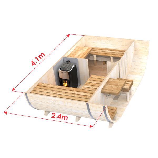 wellmia® Fasssauna Oval | 410 cm x 240 cm für 4 Personen | konfigurierbare Gartensauna mit Veranda
