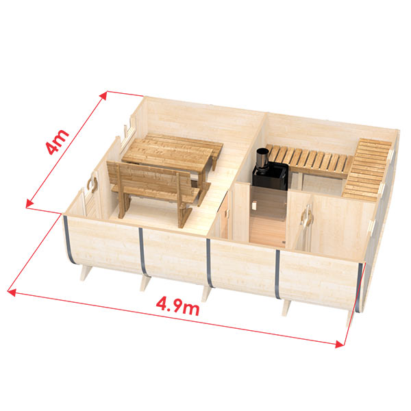 wellmia® Fasssauna Oval Deluxe | 490 cm x 400 cm für 6-8 Personen | konfigurierbare Gartensauna
