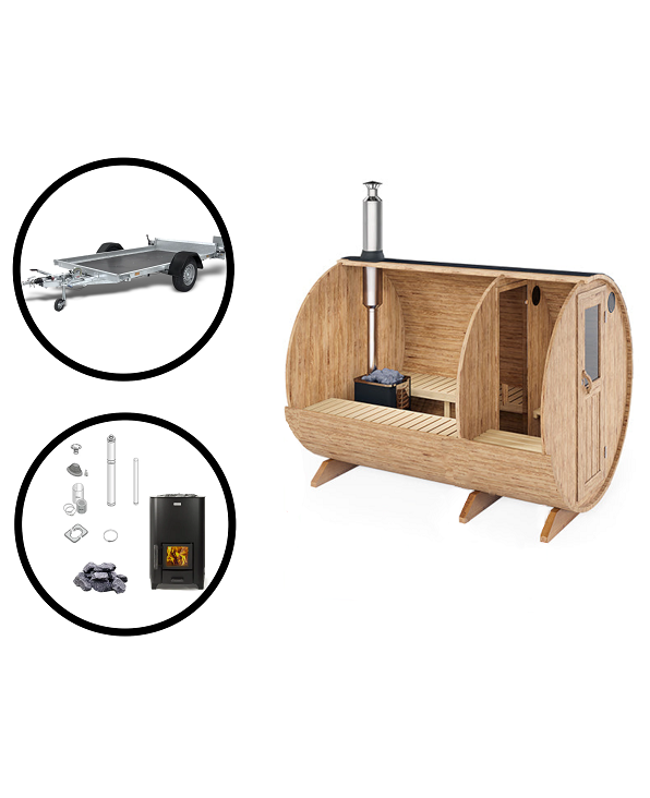 wellmia® mobile Fasssauna Komplettset | Saunafass Nordica Vorraum 300 + 40cm | Komplettset mit Anhänger und Holzofen