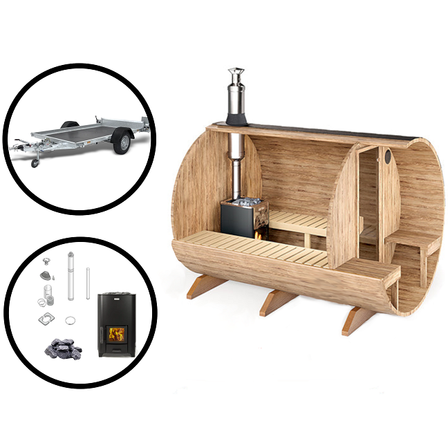 wellmia® mobile Fasssauna Komplettset | Saunafass Nordica Veranda Medium 280cm | Komplettset mit Anhänger und Holzofen