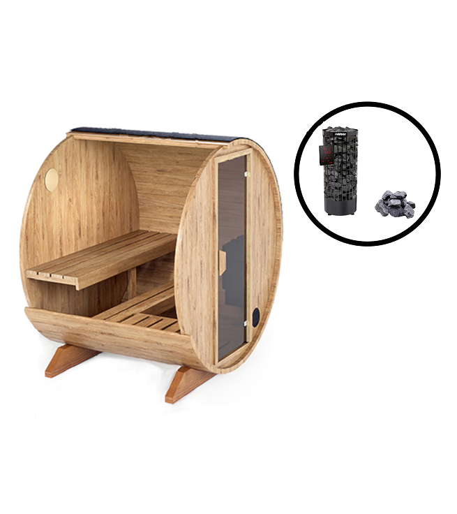wellmia® Fasssauna Nordica Mini | 160cm + 40cm Vordach | Komplettset mit elektrischen 230V Plug n PlaySaunaofen