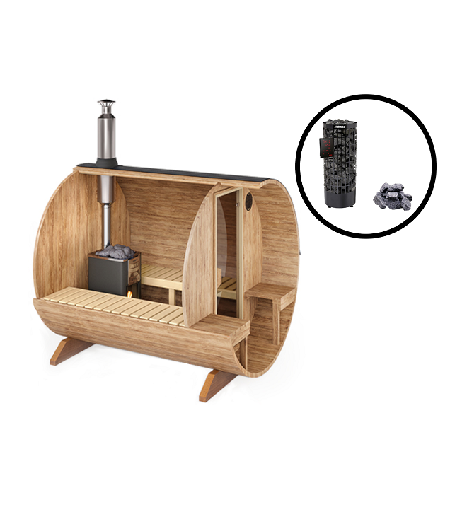 wellmia® Fasssauna Nordica Veranda Small | 240cm | Komplettset mit elektrischen Saunaofen