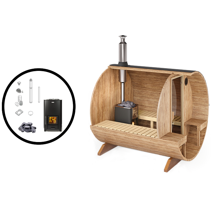 wellmia® Fasssauna Nordica Veranda Small | 240cm | Komplettset mit Holzofen