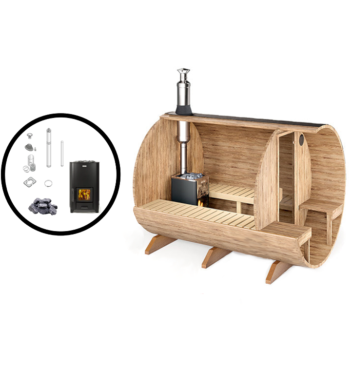 wellmia® Fasssauna Nordica Veranda Medium | 280cm | Komplettset mit Holzofen
