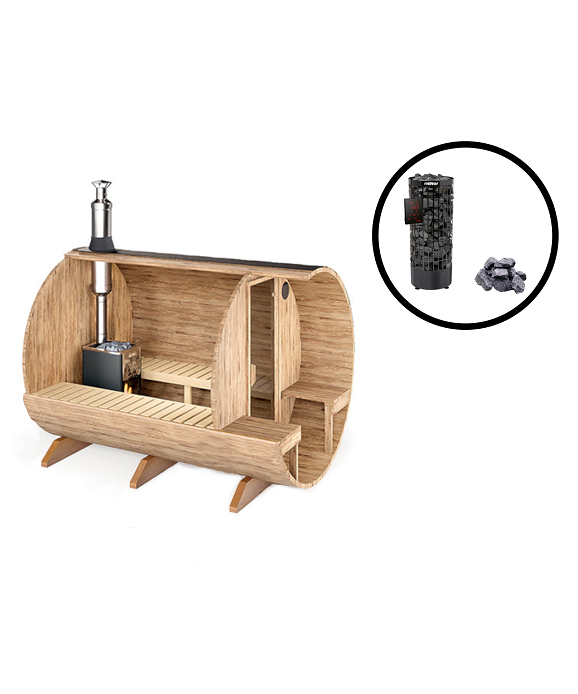 wellmia® Fasssauna Nordica Veranda Medium | 280cm | Komplettset mit elektrischen Saunaofen