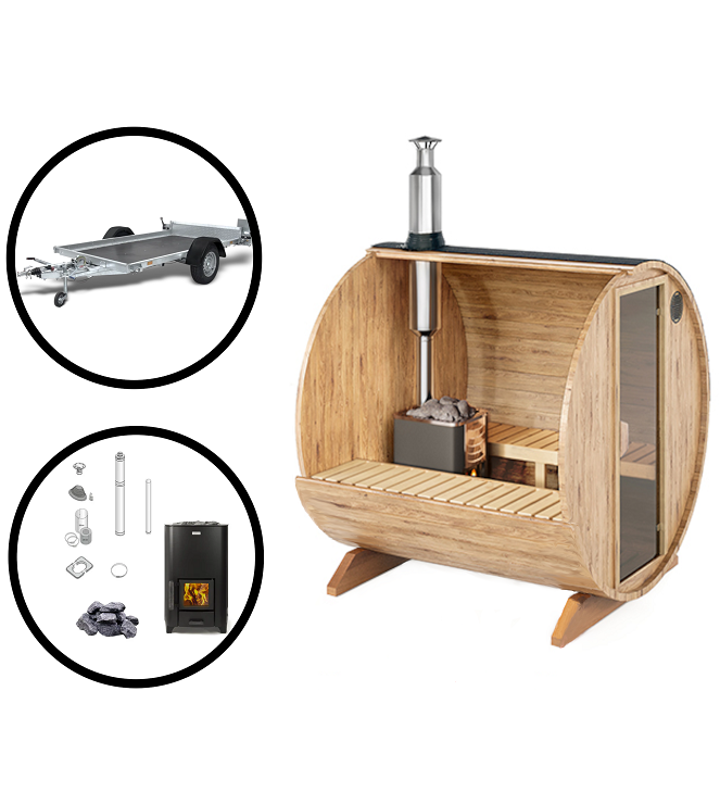 wellmia® mobile Fasssauna Komplettset | Saunafass Nordica Small 230cm | Komplettset mit Anhänger und Holzofen