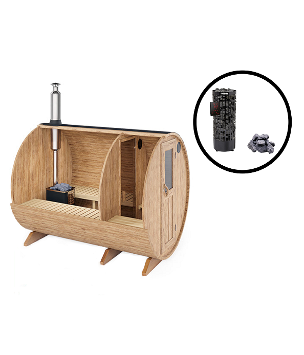 wellmia® Fasssauna Nordica Vorraum | 300cm + 40cm Vordach | Komplettset mit elektrischen Saunaofen