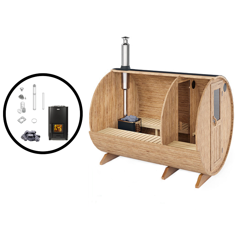 wellmia® Fasssauna Nordica Vorraum | 300cm + 40cm Vordach | Komplettset mit Holzofen