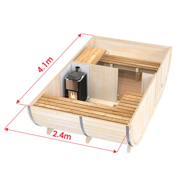 wellmia® Fasssauna Oval | 410 cm x 240 cm für 6-8 Personen | konfigurierbare Gartensauna