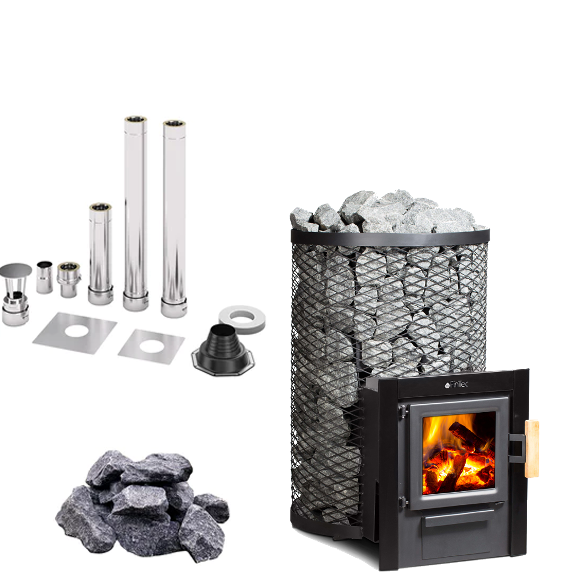 FinTec IWO Kjeld MH  | Saunaholzofen Komplettset mit BimSchV Stufe 2 inkl. FinTec Schornsteinset nach Wahl und 60 kg Saunasteine | 11,8 kW