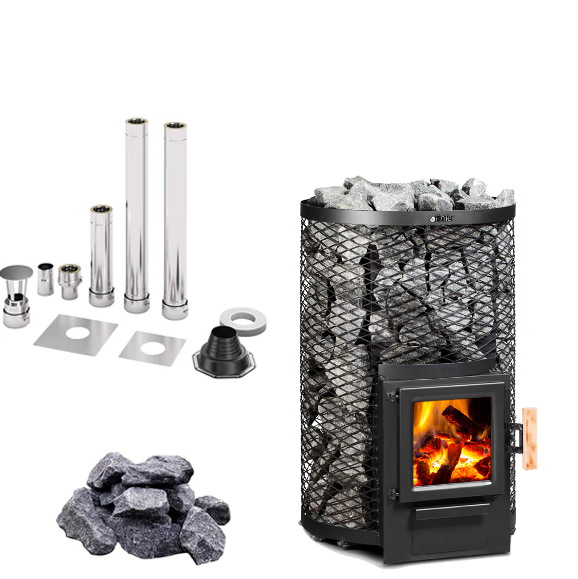 FinTec IWO Kjeld  | Saunaholzofen Komplettset mit BimSchV Stufe 2 inkl. FinTec Schornsteinset nach Wahl und 60 kg Saunasteine | 11,8 kW