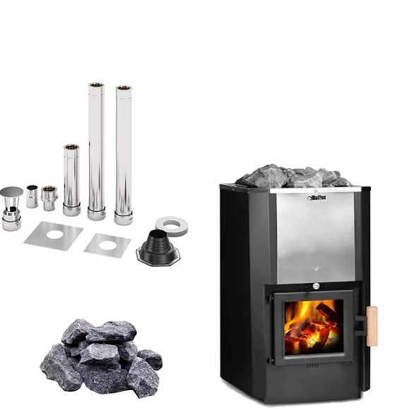 FinTec IWO Reflex | Saunaholzofen Komplettset mit BimSchV Stufe 2 inkl. FinTec Schornsteinset nach Wahl und 60 kg Saunasteine | 11,8 kW