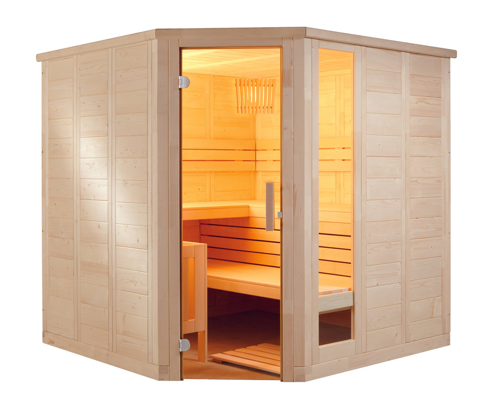 Harvia Komfort Corner Large | Massivsauna Fichtenholz Innensauna Bausatz | 234 x 206 x 204 cm (B/T/H)