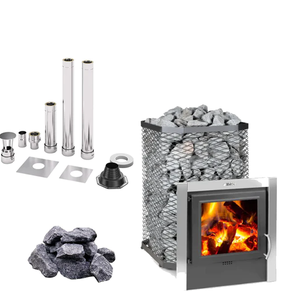 FinTec Leif MH  | Saunaholzofen Komplettset mit BimSchV Stufe 2 inkl. FinTec Schornsteinset nach Wahl und 180 kg Saunasteine | 11,8 kW