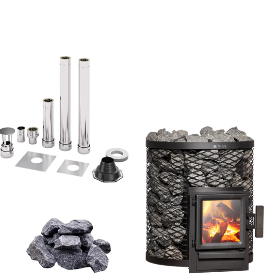 FinTec Loki | Saunaholzofen Komplettset inkl. FinTec Schornsteinset nach Wahl und 80 kg Saunasteine | 6,8 kW