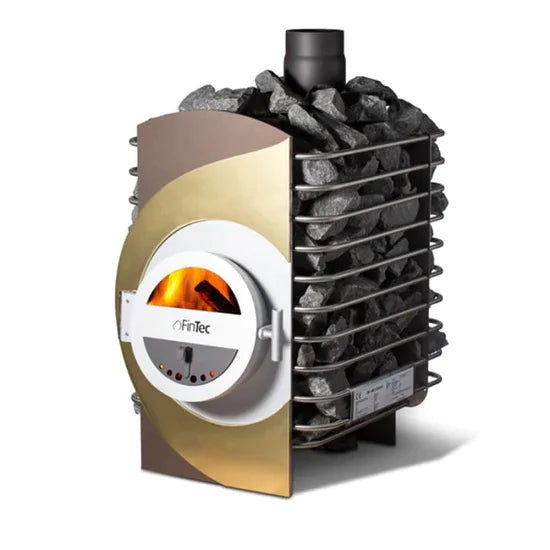 FinTec LORA Solar  | Saunaholzofen Komplettset mit BimSchV Stufe 2 inkl. FinTec Schornsteinset nach Wahl und 200 kg Saunasteine | 14,6 kW