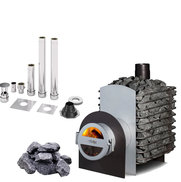 FinTec LORA Loco MH | Saunaholzofen Komplettset mit BimSchV Stufe 2 inkl. FinTec Schornsteinset nach Wahl und 200 kg Saunasteine | 14,6 kW