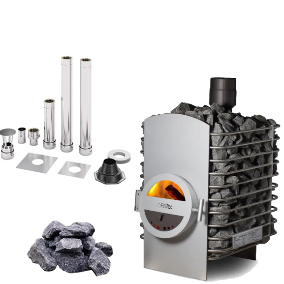 FinTec LORA Robust  | Saunaholzofen Komplettset mit BimSchV Stufe 2 inkl. FinTec Schornsteinset nach Wahl und 200 kg Saunasteine | 14,6 kW