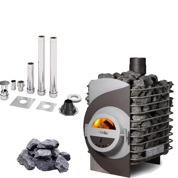FinTec LORA Swing  | Saunaholzofen Komplettset mit BimSchV Stufe 2 inkl. FinTec Schornsteinset nach Wahl und 200 kg Saunasteine | 14,6 kW