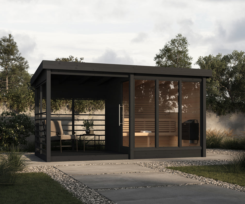 wellmia® Anita mit Terasse | Gartensauna mit Glasfront | 4,40 x 2,16m | für 4 Personen