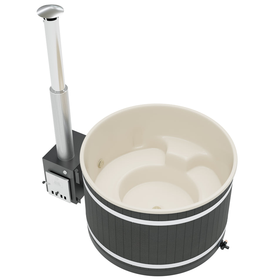 Kirami Premium Pearly M | Badefassset mit Holzofen | 172 cm /  35 kW