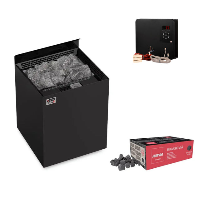 Sawo Nordex Black Combi Komplettset | Sauna Elektroofen mit Saunova 2.0 Steuerung und 20kg Harvia Saunasteinen | 6 kW / 9 kW