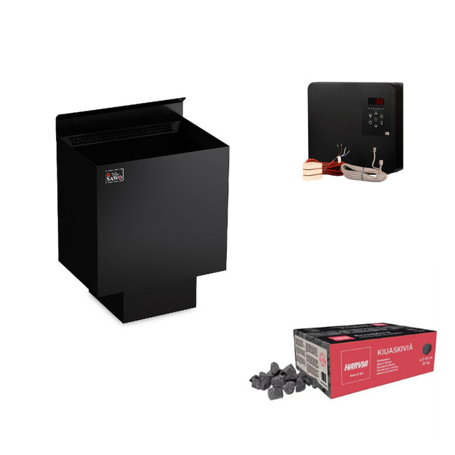 Sawo Nordex Black | Sauna Elektroofen Set mit Sawo Saunova 2.0 Steuerung und 20kg Harvia Saunasteine|  6 kW / 9 kW