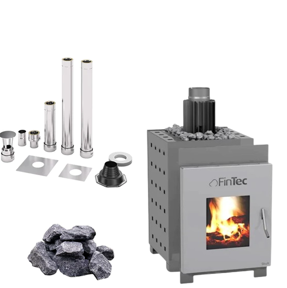 FinTec Skult MH | Saunaholzofen Komplettset mit BimSchV Stufe 2 inkl. FinTec Schornsteinset nach Wahl und 40 kg Saunasteine | 13,9 kW