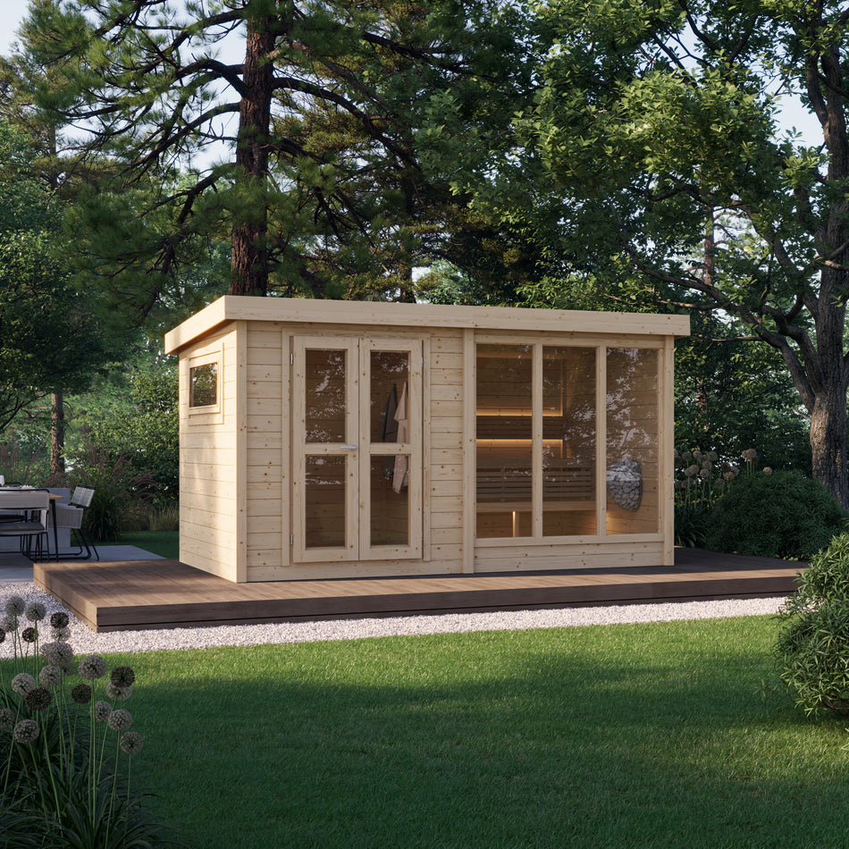 wellmia® Anita mit Vorraum | Gartensauna mit Glasfront | 4,40 x 2,16m | für 4 Personen
