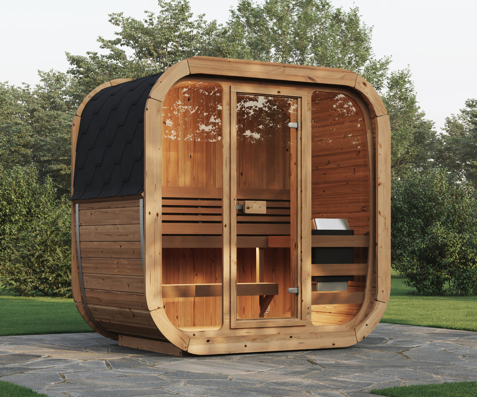 wellmia® Fasssauna Icon 125 | Thermoholz Mini Saunafass mit Glasfront | 1,25 x Ø 2,05 m | für 3 Personen