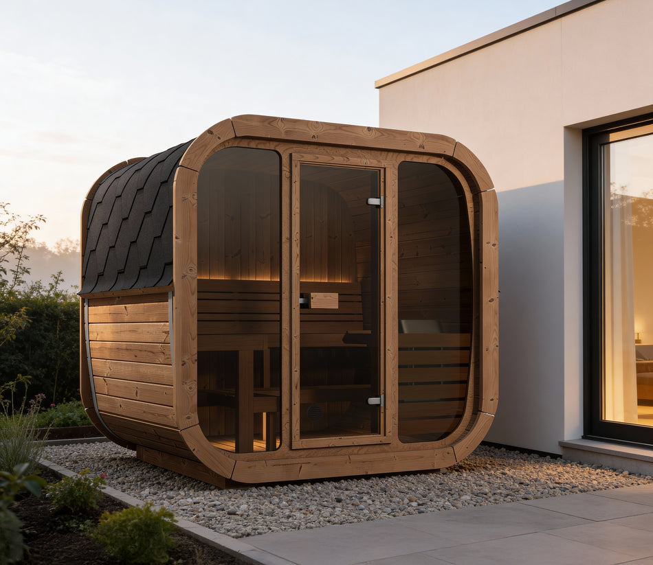 wellmia® Fasssauna Icon 160 | Thermoholz Mini Saunafass mit Glasfront | 1,60 x Ø 2,05 m | für 3-4 Personen