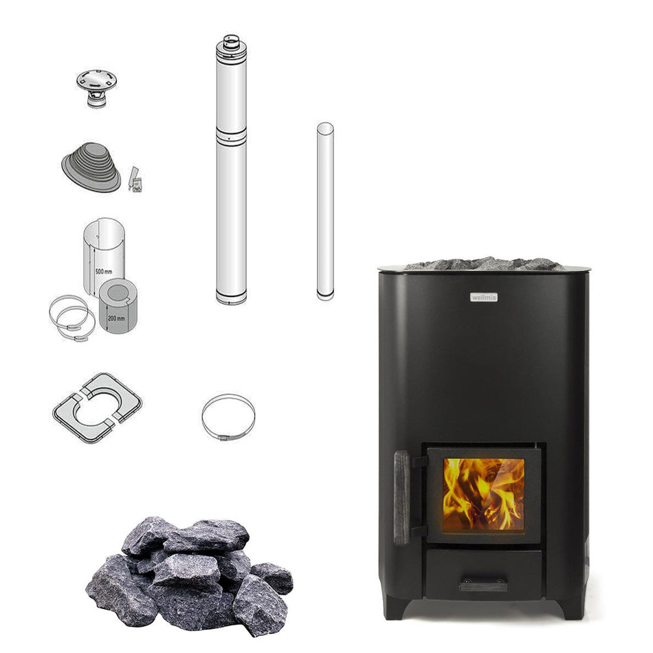 wellmia® Classic 16 | Saunaofen Holz Komplettset mit BimSchV Stufe 2 - inkl. Schornsteinset nach Wahl & 60 kg Saunasteine | 16 kW