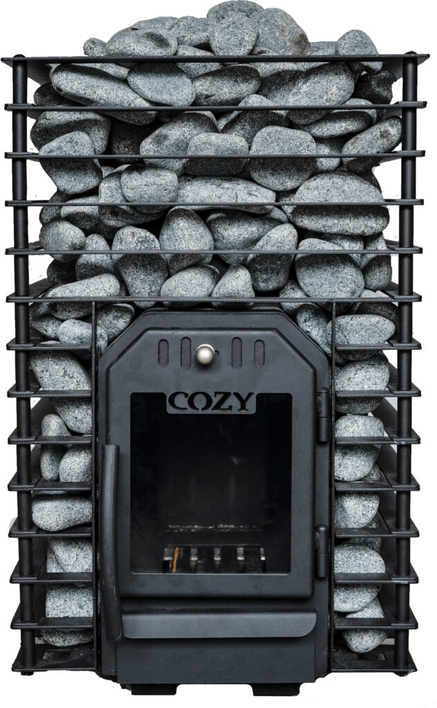 Cozy 12 Quattro | Saunaofen Holz Komplettset mit BimSchV Stufe 2 - inkl. Schornsteinset nach Wahl & Saunasteine | 11,5 kW