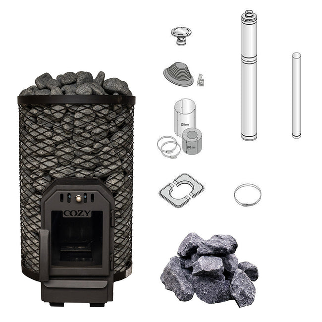 Cozy 12 O sauna heater wood complete set with BimSchV level 2 approval - incl. Harvia chimney set WHP1500 and 100 kg sauna stones